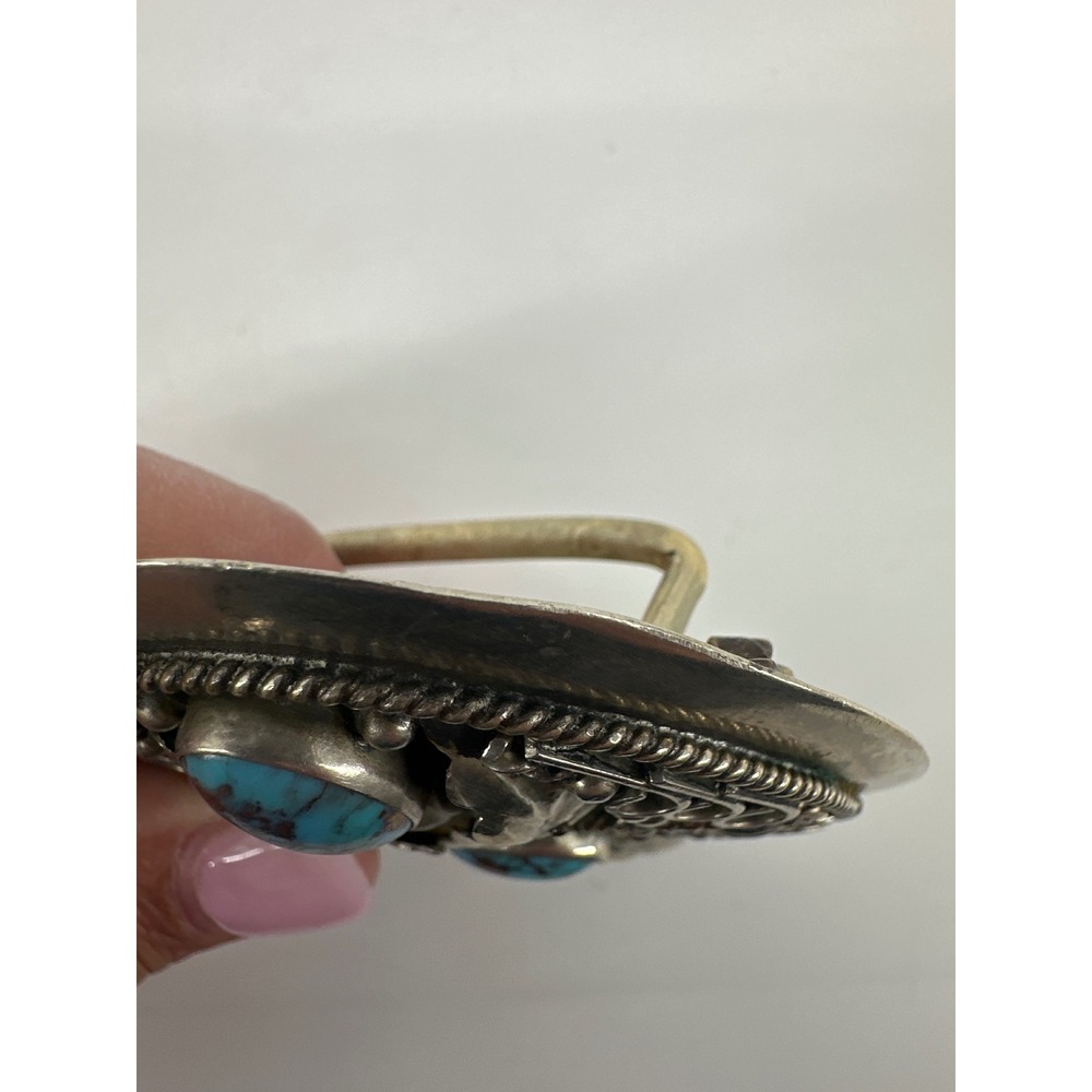 Alpaca Mexico Turquoise Belt Buckle Unisex Silver Blue Floral Leaf Shell - Picture 6 of 7